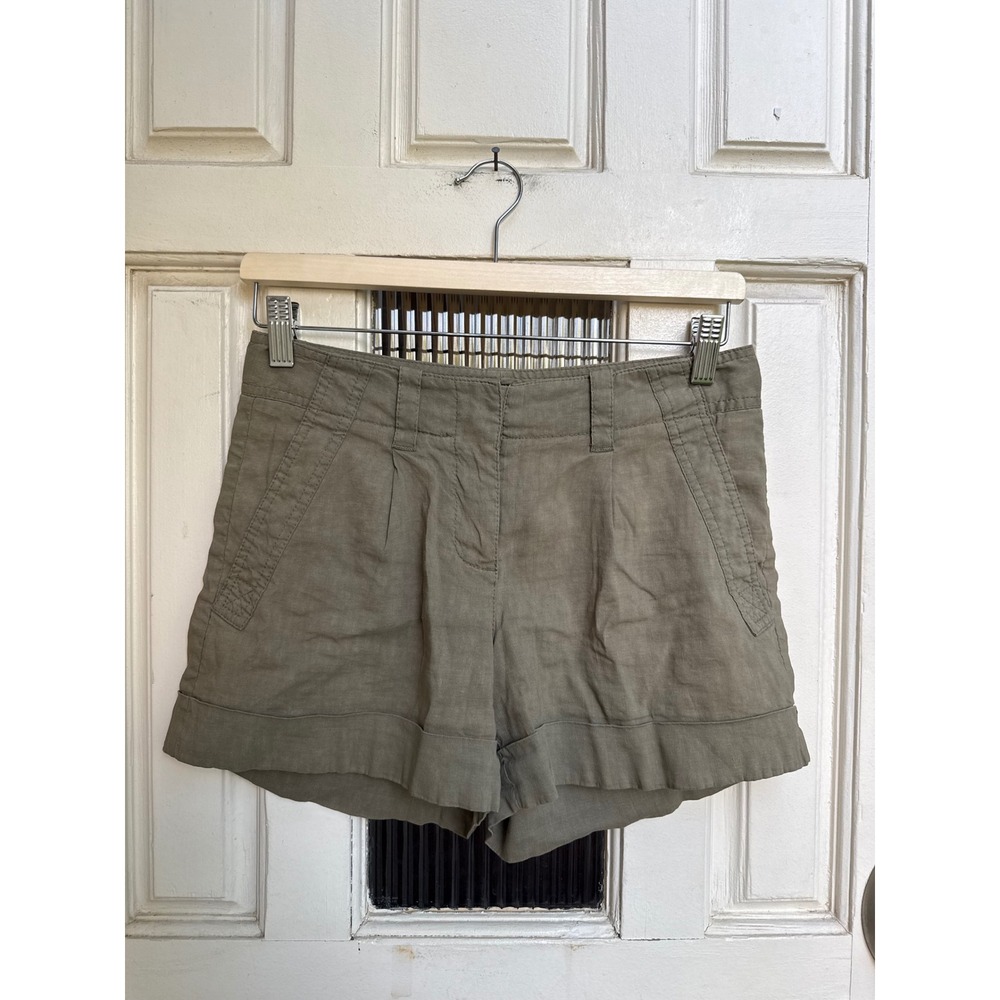 Theory Womens Olive Green Linen Blend Cuffed Shorts Pleated Mid Rise Size 00